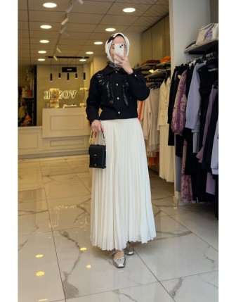 Ekol Ekru Pileli Tam Boy Astarlı Etek