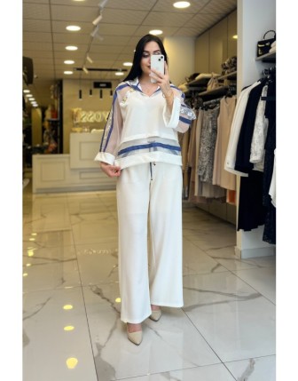 Mianotte Ekru Tül Detaylı Düğmeli Kapüşonlu Takım