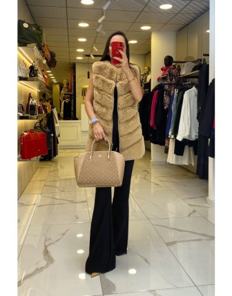 Trenç Camel  Fermuarlı Kürklü Yelek