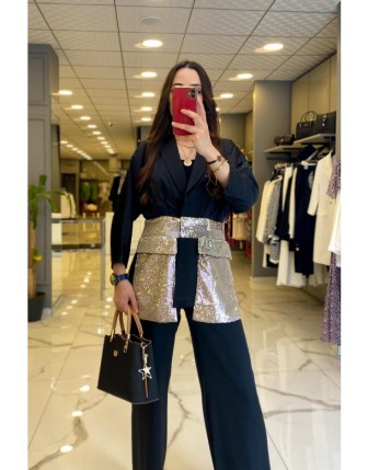 Miarte Siyah Cep Detayı Payet Desenli Ceket