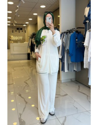 Miaruj Ekru Kapüşonlu Yaka Deaylı Fermmuarlı,Cepli Beli Lastikli Takım