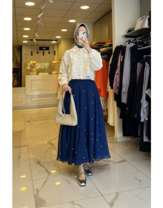 Vosse İndigo Bocuk İşlemeli Etek