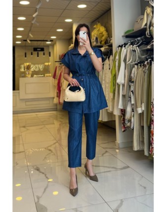 Tığ Triko İndigo Taş Detaylı,Yelekli Takım 