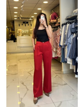 Ekol Kırmızı Bol Paça Saten Pantolon