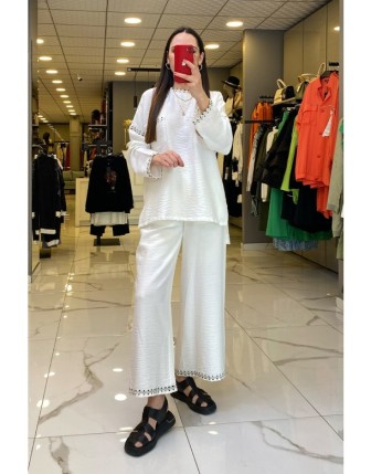 Maq Ekru Cep Detaylı İkili Takım