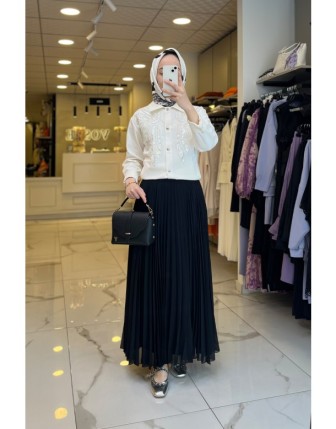 Ekol Siyah Pileli Tam Boy Astarlı Etek