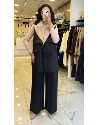 Vuu Kahverengi Yakası Kürklü Saten Yelekli Takım