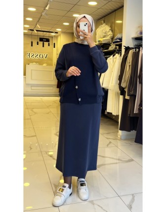 Tığ Triko Lacivert Triko Detaylı Etekli Takım