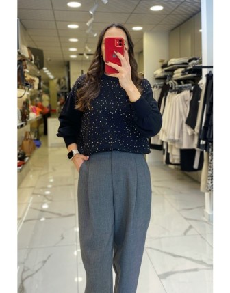 Tığ Triko Siyah Taşlı Kazak 