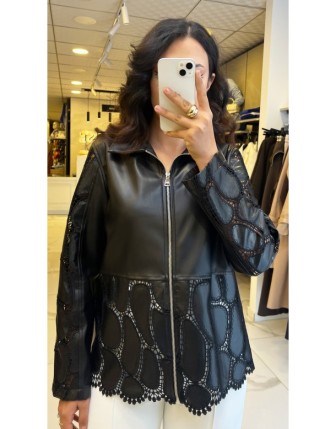 Hale Siyah Deri Detaylı Ceket