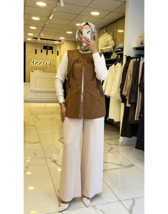 Moda İlgi Kahverengi İşlemeli Süet Yelek
