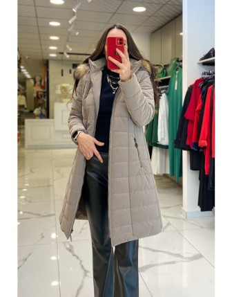 Trenç Vizon Kapüşonlu Kürklü Şişme Kaban