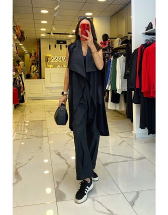 Mascara Siyah Şal Yaka Paraşüt Detaylı Yelekli Pantolonlu Takım