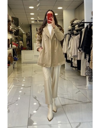 Tığ Triko Camel Kruvaze Kaban