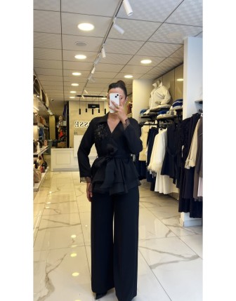 Moda İlgi Siyah Çiçek Desen İşlemeli Organize Tüllü Gömlek