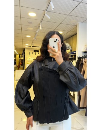 Miarte Siyah  Şifon Detaylı Çift Fermuarlı Ceket 