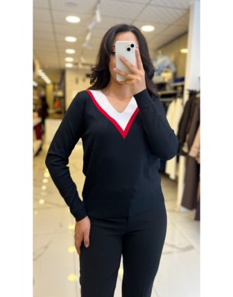 On Fashıon Siyah Yakası Çizgili V Yaka Kazak