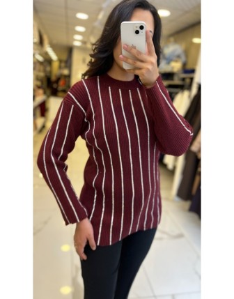 Tığ Triko Bordo Taş İşlemeli Fitillli Tunik