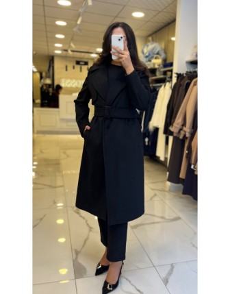 Ekol Siyah Beli Kuşaklı Kaşe Kaban