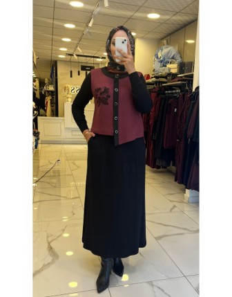 Moda İlgi Bordo Nakış İşlemeli Etekli Takım