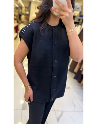 Tığ Triko Siyah Omzu Taş İşlemeli Triko Yelek