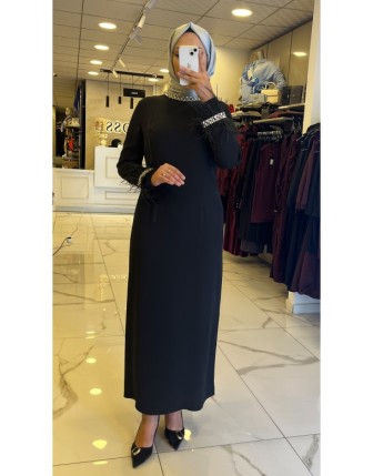 Gazella Siyah Kol Ucu Otrişli Elbise 