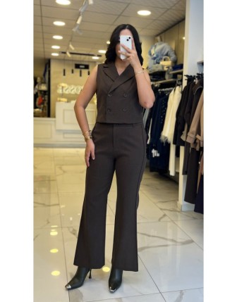 On Fashıon Kahverengi Düğmeli Yelekli Takım