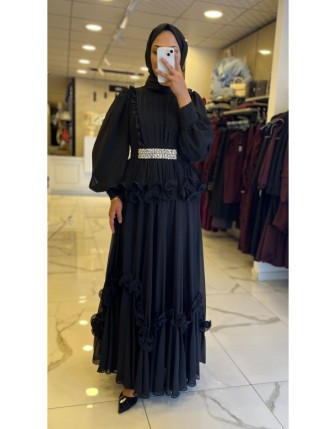 Gazella Siyah Şifon Etekli Kemerli Takım 