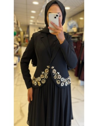 Gazella Siyah Taş İşlemeli Etekli Şifon Takım 