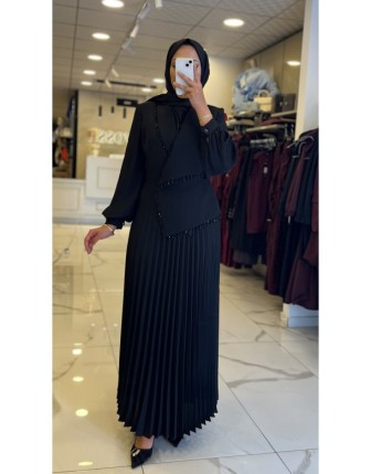 Moda İlgi Siyah Boncuk Detaylı Piliseli Elbise