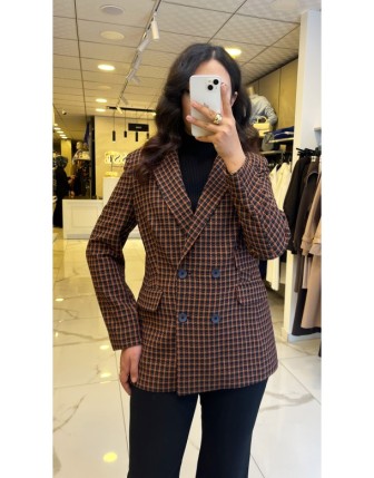 İndigo Kiremit Kareli Blazer Ceket