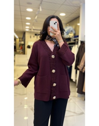 Tığ Triko Bordo Gold Düğme Detaylı Triko Hırka