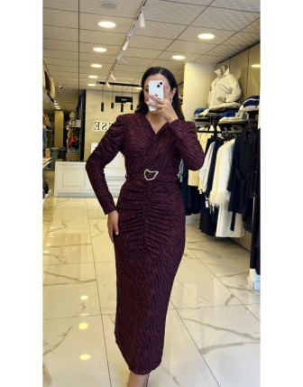Moda İlgi Bordo  Büzgü Detaylı Beli Kemerli Kalem Elbise 