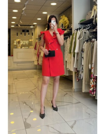 Ekol Kırmızı Yaka Detalı,Düğmeli Elbise 