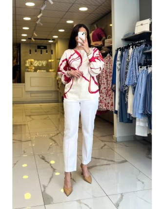 Ekol Pembe Desenli Kayık Yaka Bluz