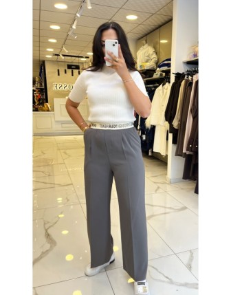 Yusuf Özdemir Gri Beli Lastikli Palazo Pantolon