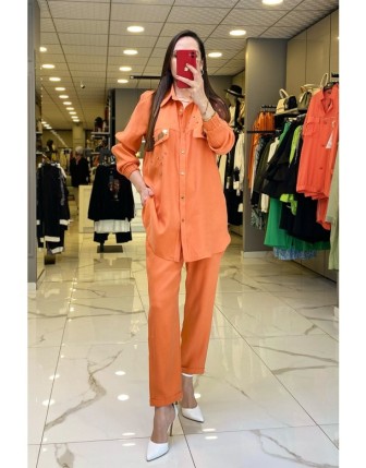 Miaruj Oranj Taş İşlemeli Cep Detaylı Takım