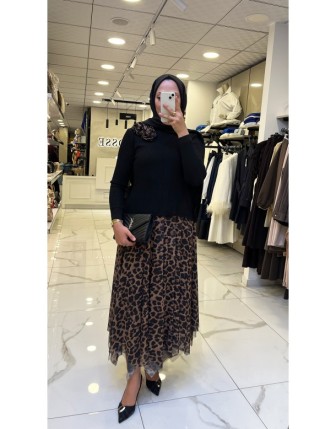 Moda İlgi Vizon Leopar Desenli Triko Elbise