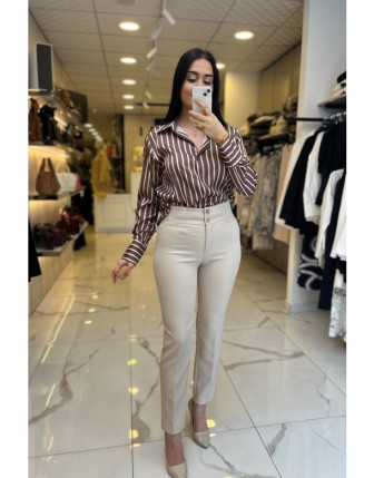 Ekol Bej Düğmeli Beli Lastikli Dar Paça Pantolon