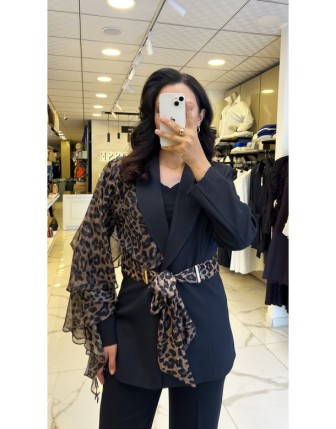 Mianotte Siyah Leopar Detaylı Ceket 