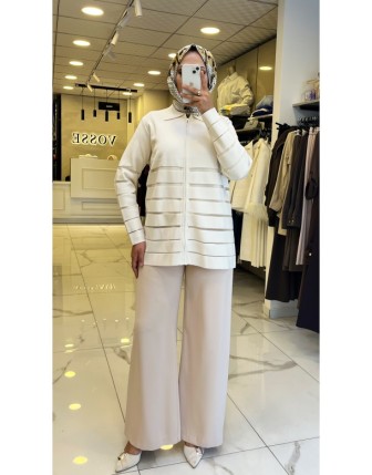 Tığ Triko Ekru Örgü Detaylı Triko Hırka