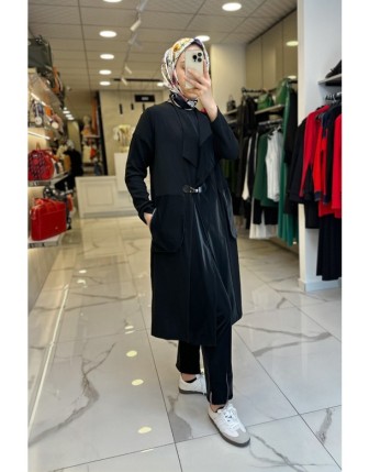 Mascara Siyah Parlak Kumaş Aksesuar Detaylı Cepli Ceket