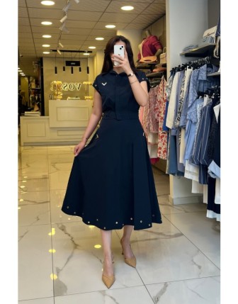 On Fashıon Lacivert Aksesuar Detaylı Paraşüt Etekli Takım 