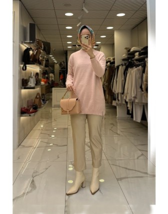 Tığ Triko Pembe Aksesuralı Angora Tunik