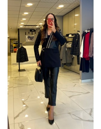 Miarte Siyah Gold Sim İşlemeli Boru Paça Deri Pantolon