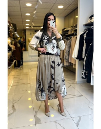 Miarte  Yeşil Desenli Saten Asimetrik Etek 