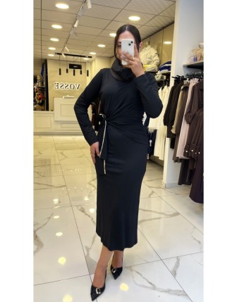 Miarte Siyah Kendinden Bağlamalı yırtmaçlı  Elbise 