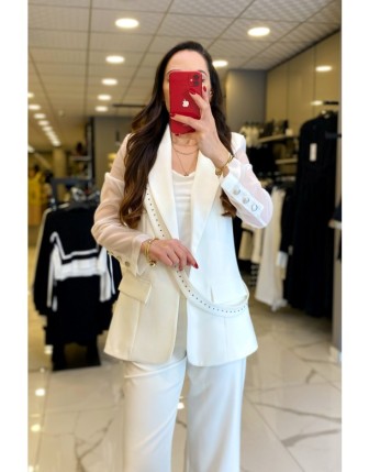 Mıanotte Ekru Kolları Organize Tül Detaylı Taşlı Ceket