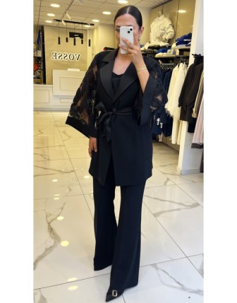 Moda İlgi Siyah Kolları Küpür ve boncuk İşlemeli Takım