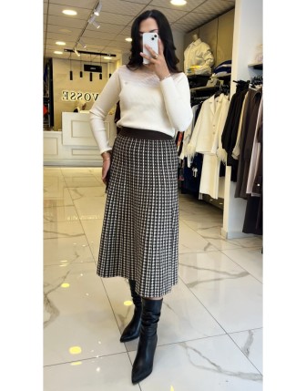 On Fashıon Kahverengi Aksesuar Detaylı Triko Midi Boy Etek